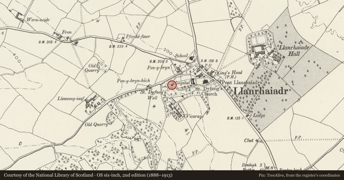 Ordnance Survey six-inch map, 2nd edition (1888–1913) covering the location of Garden Walls to the rear of the Almshouses including associated former Bakehouse, Llanrhaeadr-Yng-Nghinmeirch, Denbighshire, with a pin at the register's coordinates
