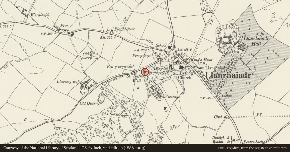 Ordnance Survey six-inch map, 2nd edition (1888–1913) covering the location of St Dyfnog's Well, Llanrhaeadr-Yng-Nghinmeirch, Denbighshire, with a pin at the register's coordinates