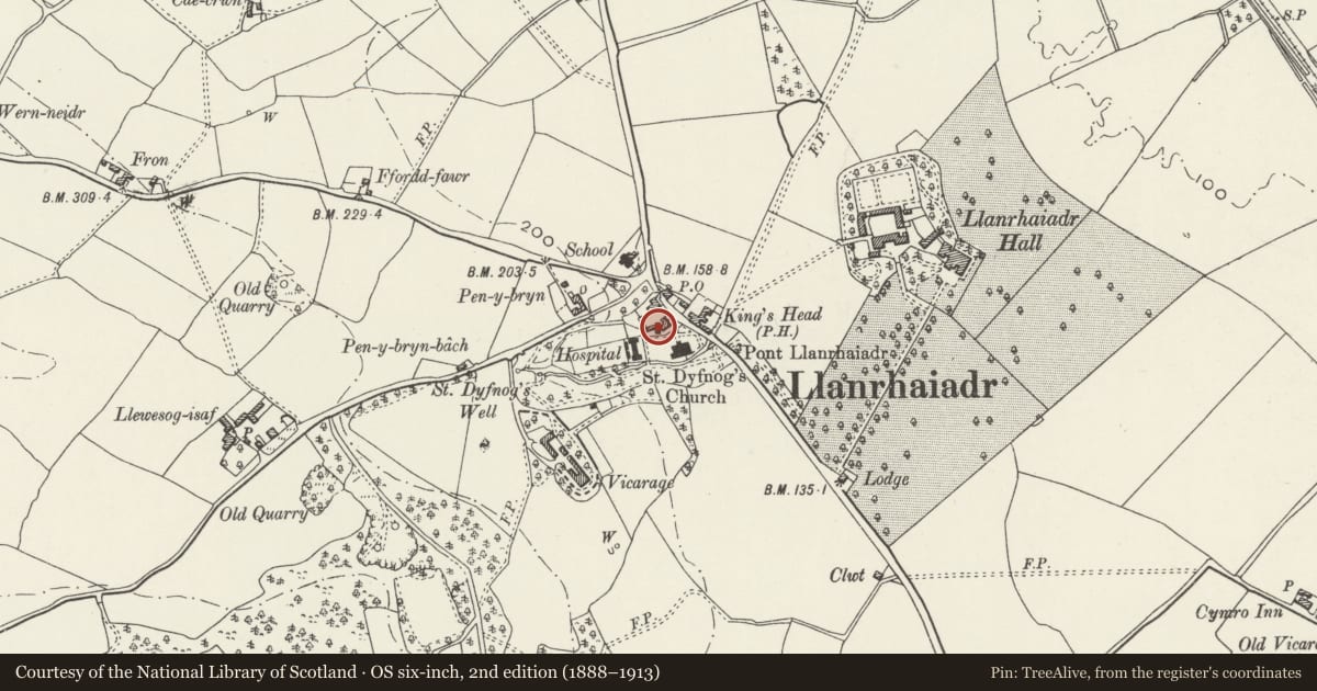 Ordnance Survey six-inch map, 2nd edition (1888–1913) covering the location of Smithy Cottage, Llanrhaeadr-Yng-Nghinmeirch, Denbighshire, with a pin at the register's coordinates