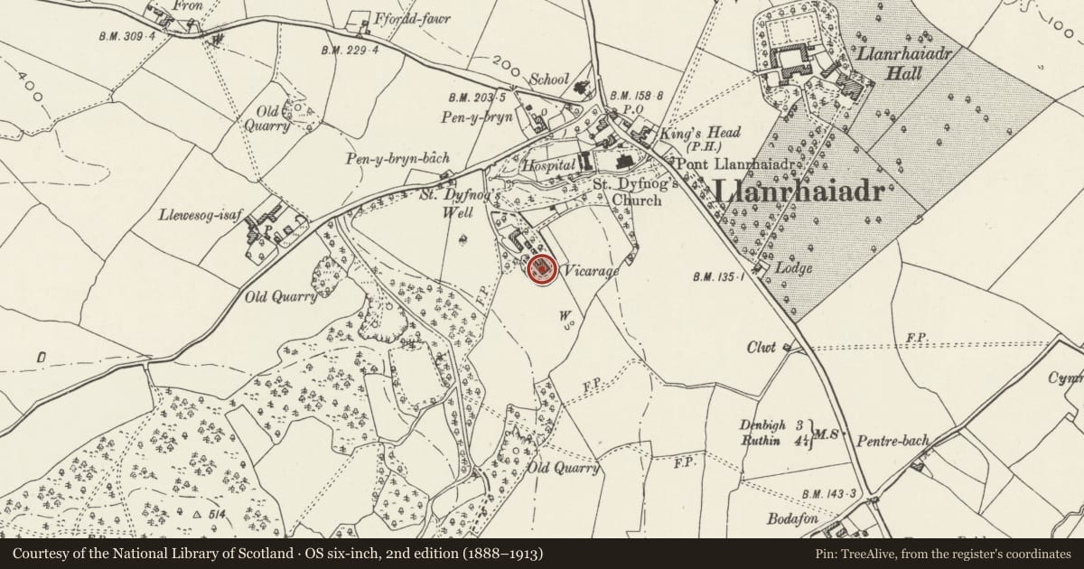 Ordnance Survey six-inch map, 2nd edition (1888–1913) covering the location of The Vicarage, Llanrhaeadr-Yng-Nghinmeirch, Denbighshire, with a pin at the register's coordinates