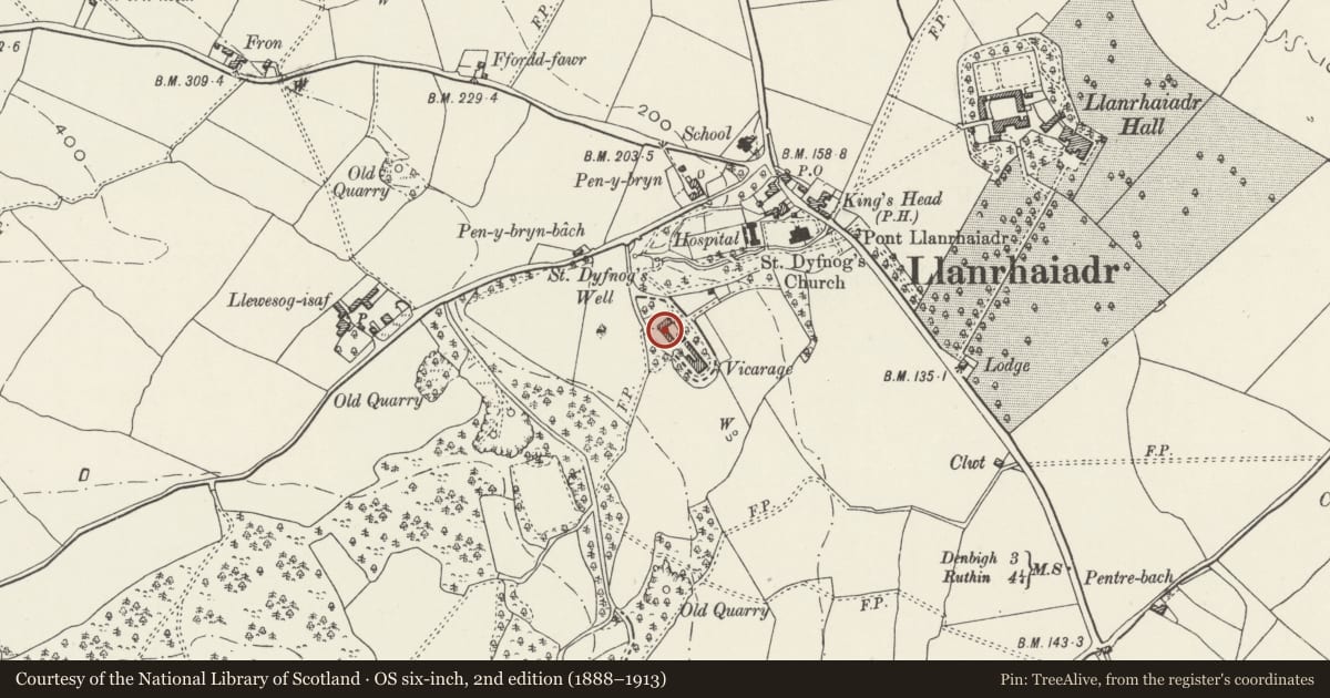 Ordnance Survey six-inch map, 2nd edition (1888–1913) covering the location of L-shaped Agricultural Range at the Vicarage, Llanrhaeadr-Yng-Nghinmeirch, Denbighshire, with a pin at the register's coordinates