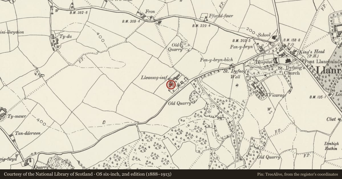 Ordnance Survey six-inch map, 2nd edition (1888–1913) covering the location of Llewesog Isaf, Llanrhaeadr-Yng-Nghinmeirch, Denbighshire, with a pin at the register's coordinates