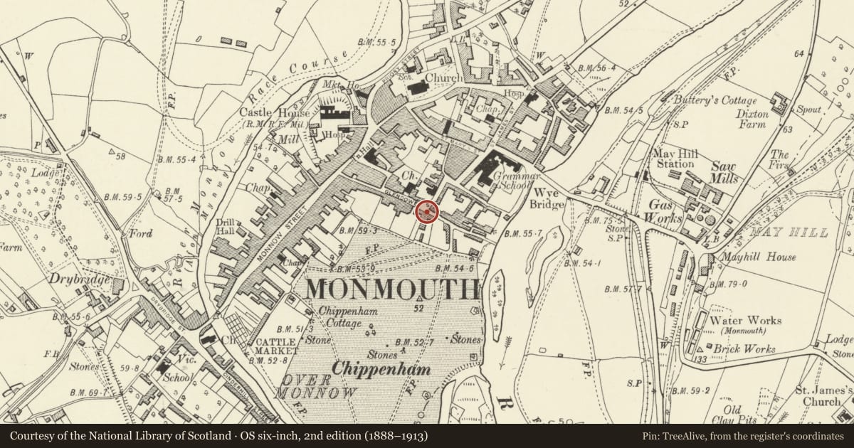 Ordnance Survey six-inch map, 2nd edition (1888–1913) covering the location of Monmouth Rugby Football Club, Monmouthshire, with a pin at the register's coordinates