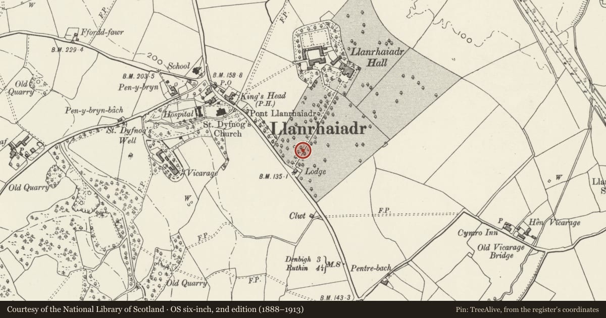 Ordnance Survey six-inch map, 2nd edition (1888–1913) covering the location of Entrance Gates, Gatepiers and adjoining Strapwork Walls at Llanrhaeadr Hall, Llanrhaeadr-Yng-Nghinmeirch, Denbighshire, with a pin at the register's coordinates