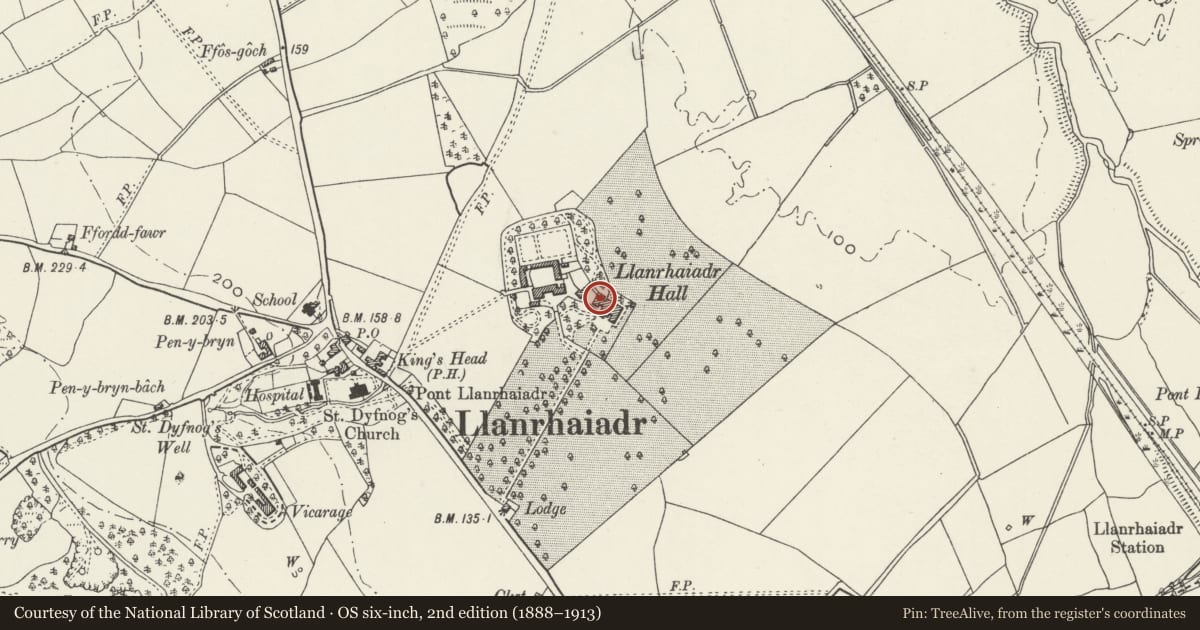 Ordnance Survey six-inch map, 2nd edition (1888–1913) covering the location of Outbuilding at Llanrhaeadr Hall, Llanrhaeadr-Yng-Nghinmeirch, Denbighshire, with a pin at the register's coordinates
