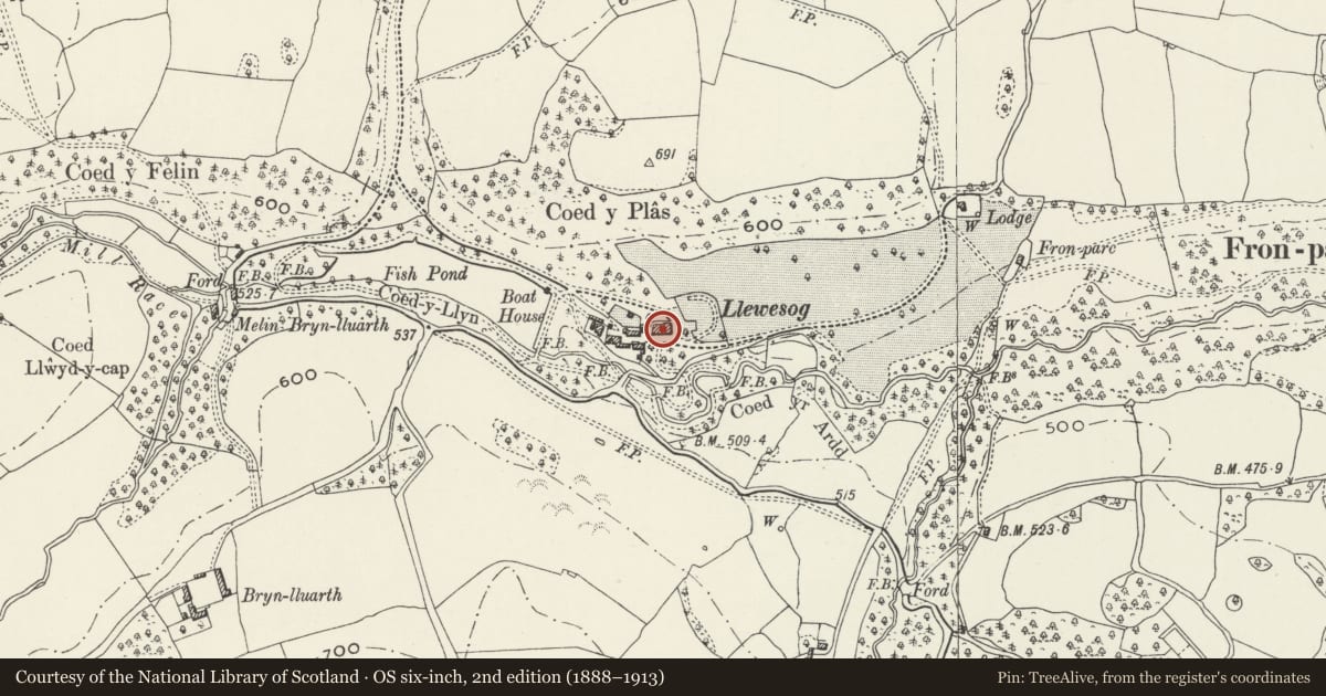 Ordnance Survey six-inch map, 2nd edition (1888–1913) covering the location of Llewesog Hall, Llanrhaeadr-Yng-Nghinmeirch, Denbighshire, with a pin at the register's coordinates