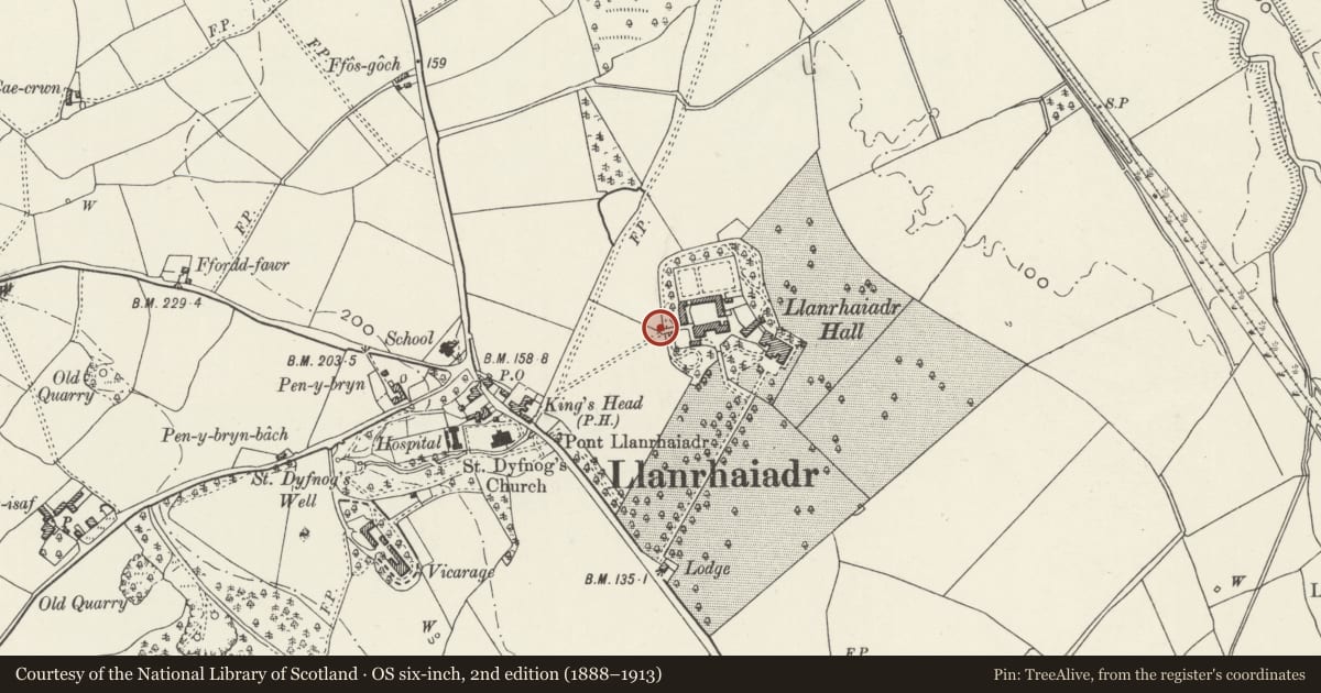 Ordnance Survey six-inch map, 2nd edition (1888–1913) covering the location of Bridge at Llanrhaeadr Hall, Llanrhaeadr-Yng-Nghinmeirch, Denbighshire, with a pin at the register's coordinates