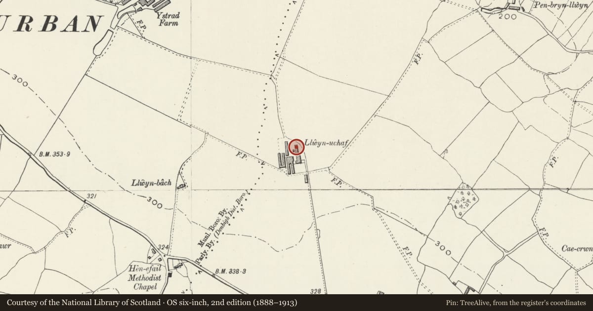 Ordnance Survey six-inch map, 2nd edition (1888–1913) covering the location of Llwyn-Uchaf, Llanrhaeadr-Yng-Nghinmeirch, Denbighshire, with a pin at the register's coordinates