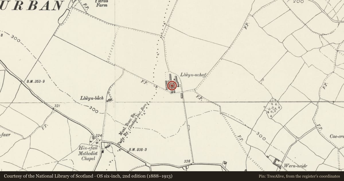 Ordnance Survey six-inch map, 2nd edition (1888–1913) covering the location of Agricultural Range at Llwyn-Uchaf, Llanrhaeadr-Yng-Nghinmeirch, Denbighshire, with a pin at the register's coordinates