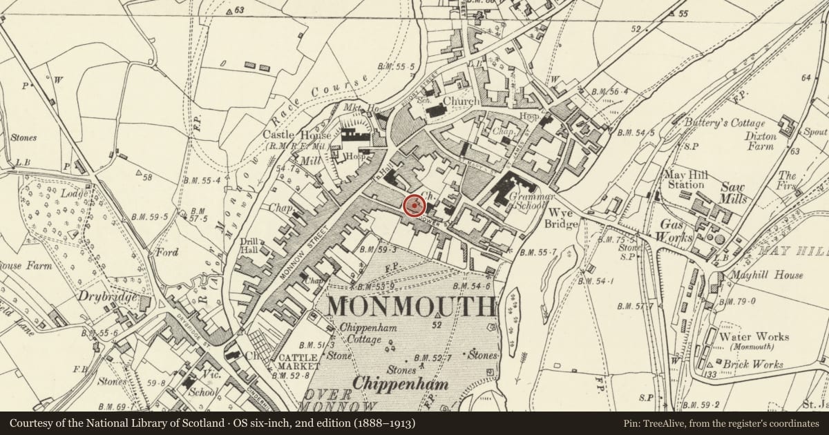 Ordnance Survey six-inch map, 2nd edition (1888–1913) covering the location of 4 Glendower Street, Monmouth, Monmouthshire, with a pin at the register's coordinates