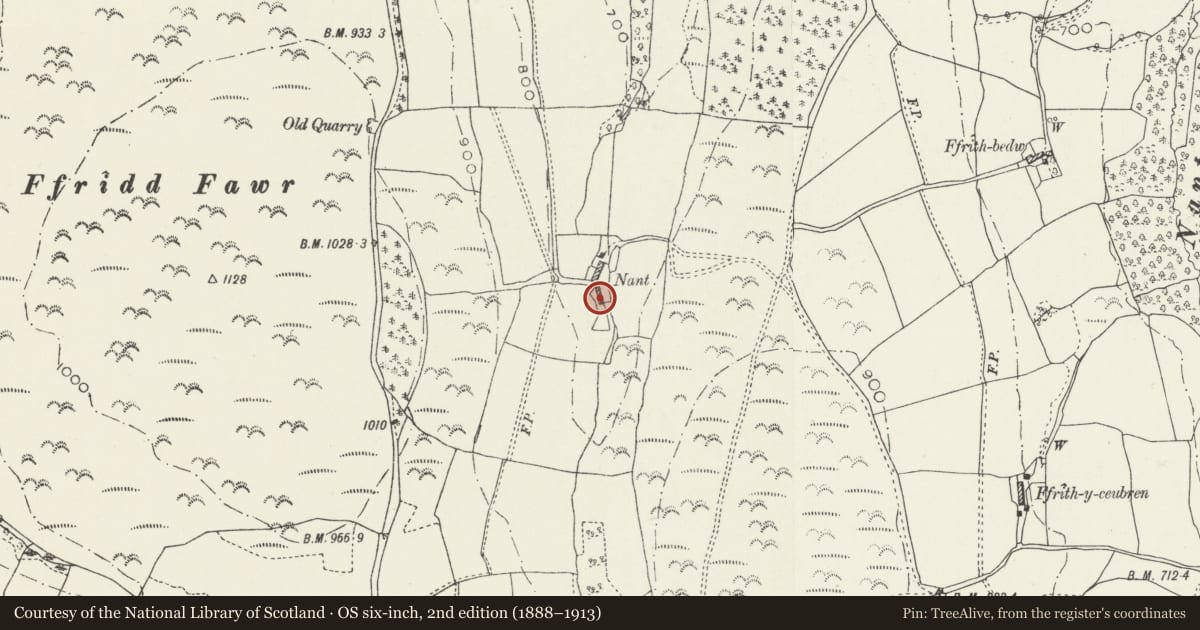Ordnance Survey six-inch map, 2nd edition (1888–1913) covering the location of Barn Range at Nant-y-Ffrith, Llanrhaeadr-Yng-Nghinmeirch, Denbighshire, with a pin at the register's coordinates