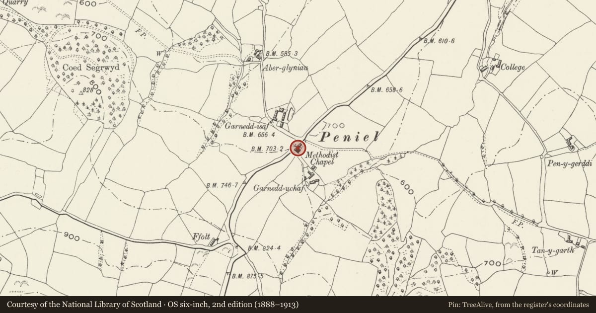 Ordnance Survey six-inch map, 2nd edition (1888–1913) covering the location of Peniel Chapel and Manse, Llanrhaeadr-Yng-Nghinmeirch, Denbighshire, with a pin at the register's coordinates