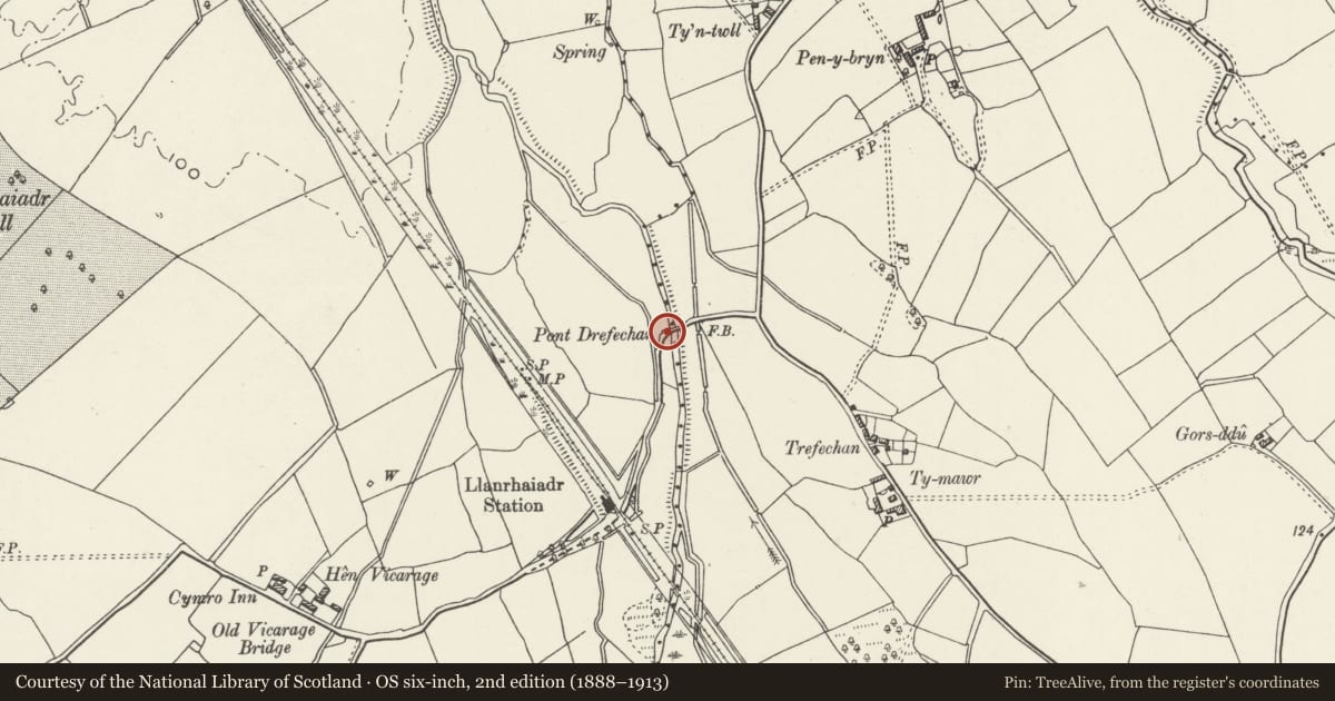 Ordnance Survey six-inch map, 2nd edition (1888–1913) covering the location of Pont Drefechan (partly in Llanynys community), Llanrhaeadr-Yng-Nghinmeirch, Denbighshire, with a pin at the register's coordinates