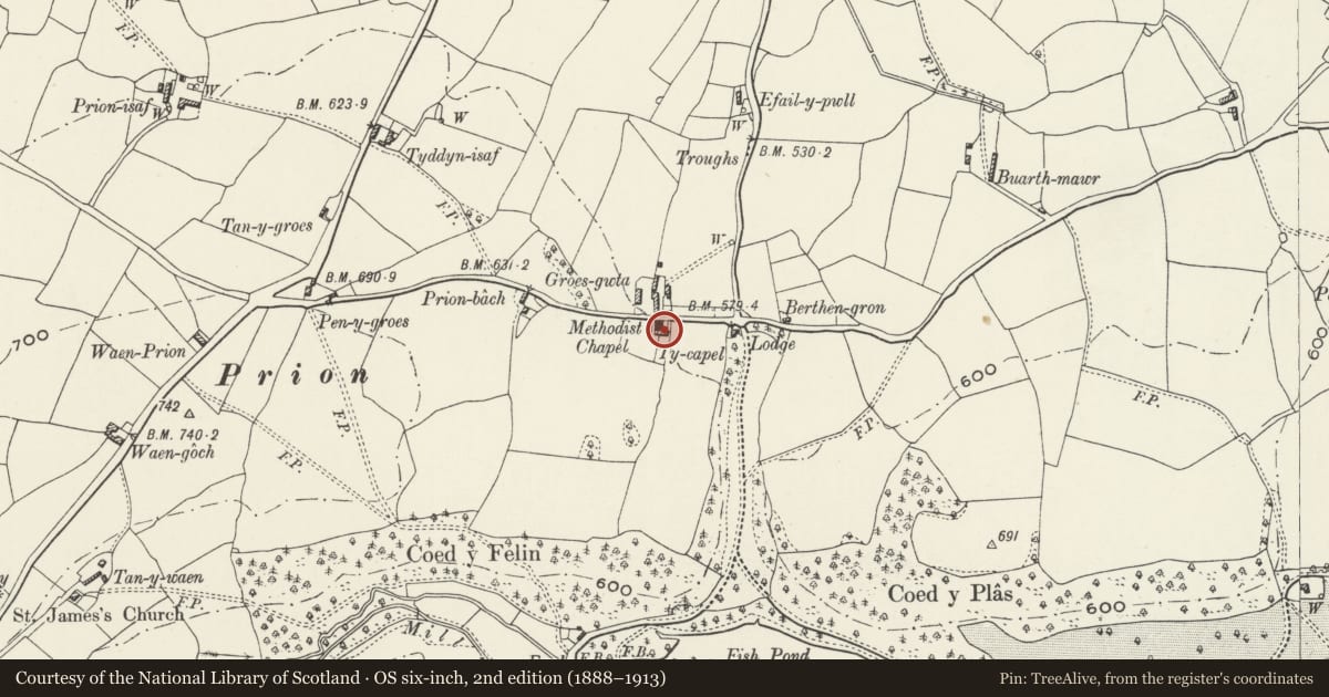 Ordnance Survey six-inch map, 2nd edition (1888–1913) covering the location of Prion Chapel and Ty Capel including Forecourt Walls and Gates, Llanrhaeadr-Yng-Nghinmeirch, Denbighshire, with a pin at the register's coordinates