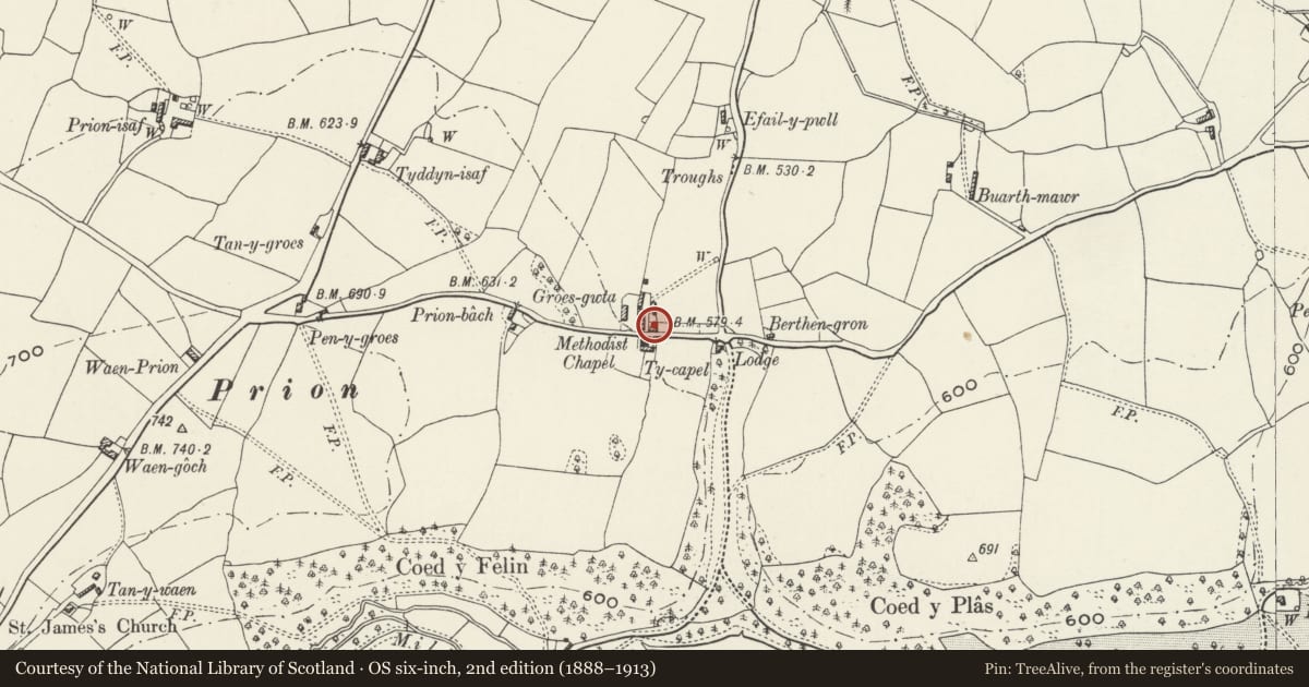 Ordnance Survey six-inch map, 2nd edition (1888–1913) covering the location of Groes-Gwta Farmhouse, Llanrhaeadr-Yng-Nghinmeirch, Denbighshire, with a pin at the register's coordinates