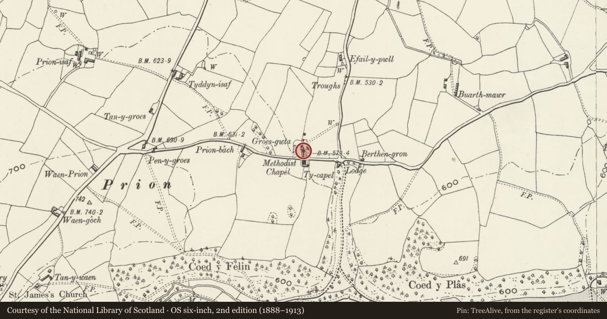 Ordnance Survey six-inch map, 2nd edition (1888–1913) covering the location of Agricultural Range at Groes-Gwta, Llanrhaeadr-Yng-Nghinmeirch, Denbighshire, with a pin at the register's coordinates