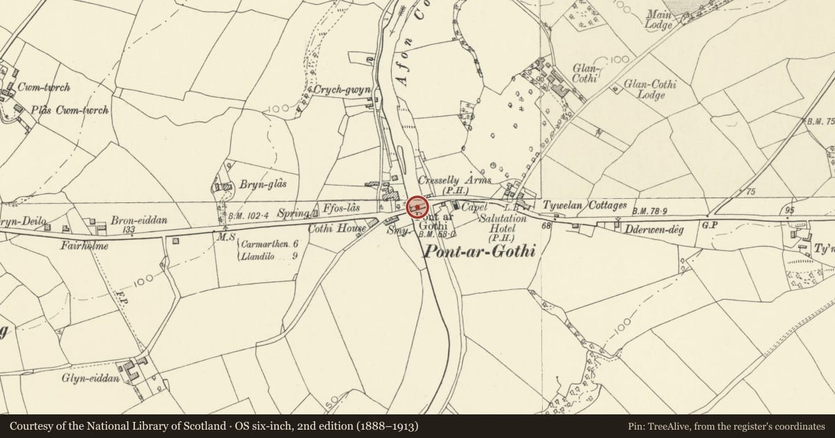 Ordnance Survey six-inch map, 2nd edition (1888–1913) covering the location of Pont-ar-Gothi, Llanegwad, Carmarthenshire, with a pin at the register's coordinates