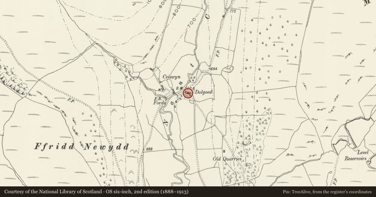Ordnance Survey six-inch map, 2nd edition (1888–1913) covering the location of Dolgoed, Corris, Gwynedd, with a pin at the register's coordinates