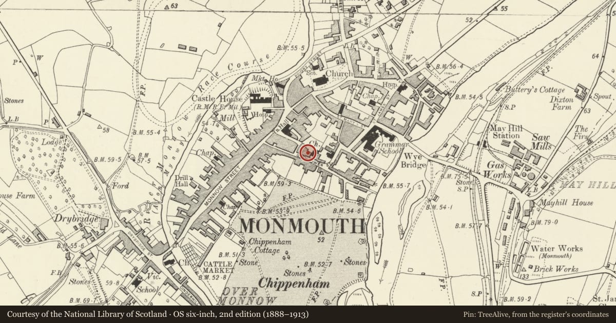 Ordnance Survey six-inch map, 2nd edition (1888–1913) covering the location of 8 Glendower Street, Monmouth, Monmouthshire, with a pin at the register's coordinates