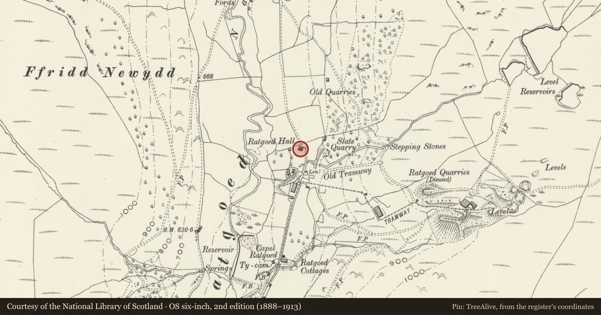 Ordnance Survey six-inch map, 2nd edition (1888–1913) covering the location of Ratgoed Hall, Corris, Gwynedd, with a pin at the register's coordinates