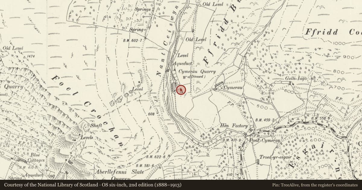 Ordnance Survey six-inch map, 2nd edition (1888–1913) covering the location of Cymerau Cottages, Corris, Gwynedd, with a pin at the register's coordinates