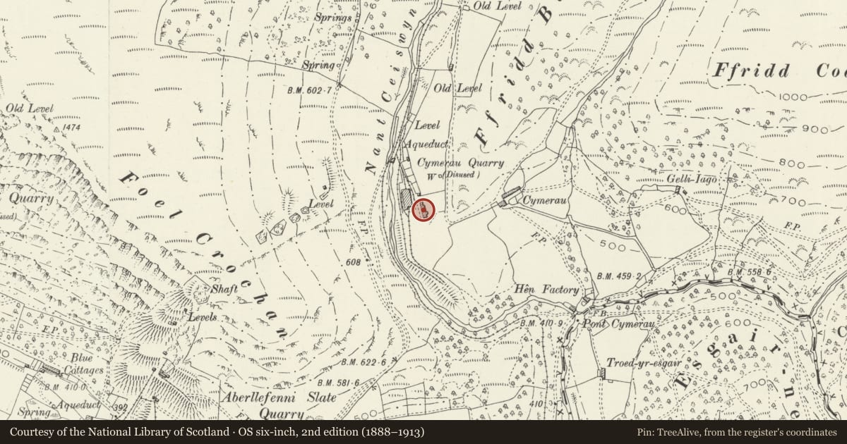 Ordnance Survey six-inch map, 2nd edition (1888–1913) covering the location of Cymerau Cottages, Corris, Gwynedd, with a pin at the register's coordinates