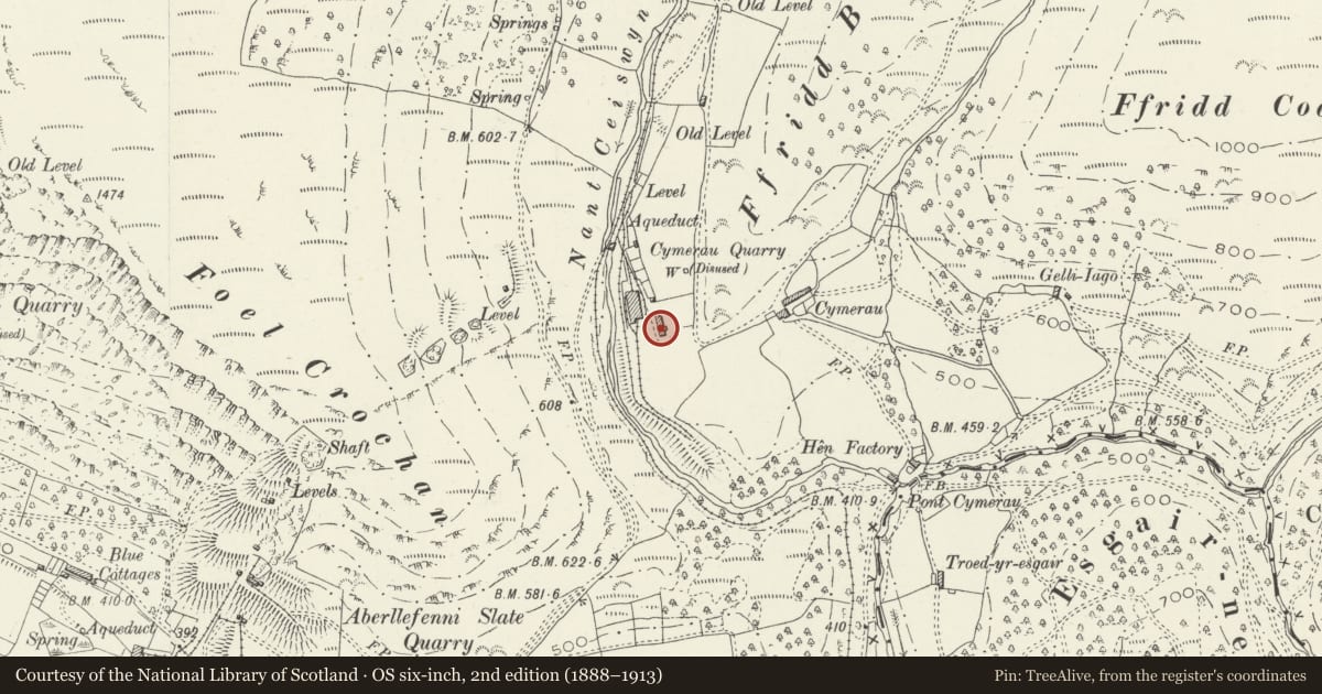 Ordnance Survey six-inch map, 2nd edition (1888–1913) covering the location of Cymerau Cottages, Corris, Gwynedd, with a pin at the register's coordinates
