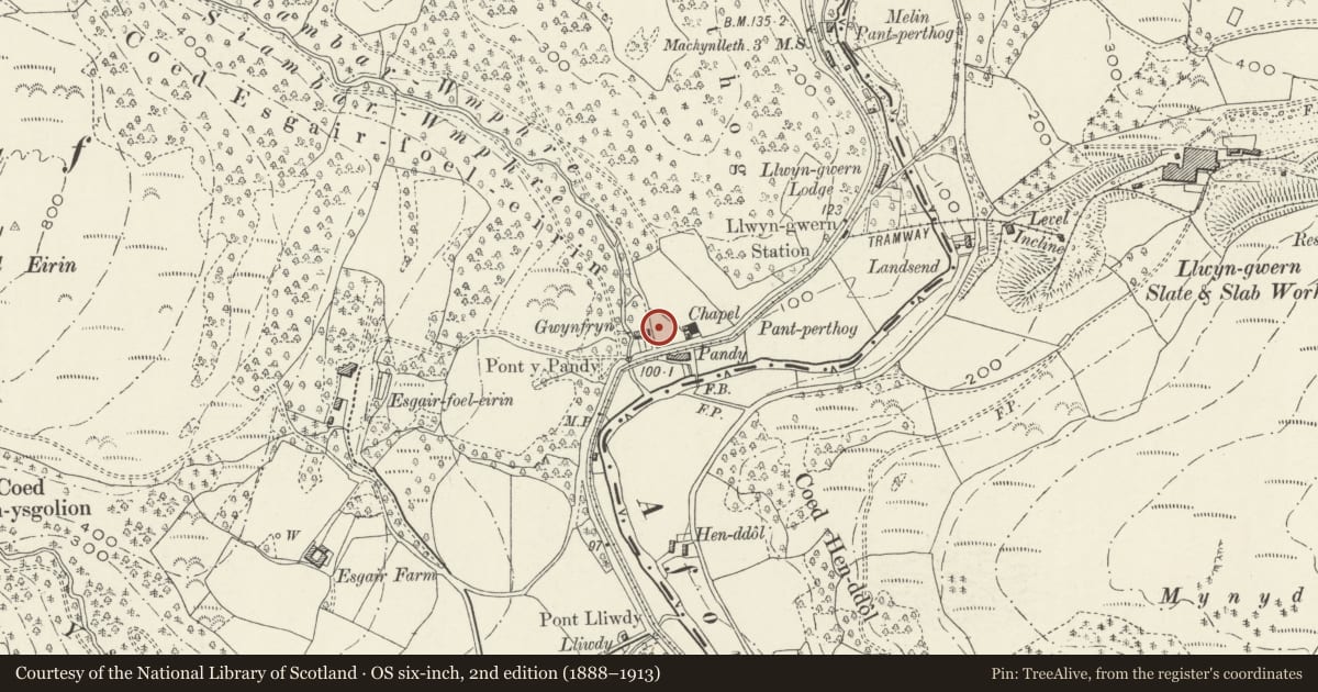 Ordnance Survey six-inch map, 2nd edition (1888–1913) covering the location of Neuadd Bentref, Corris, Gwynedd, with a pin at the register's coordinates