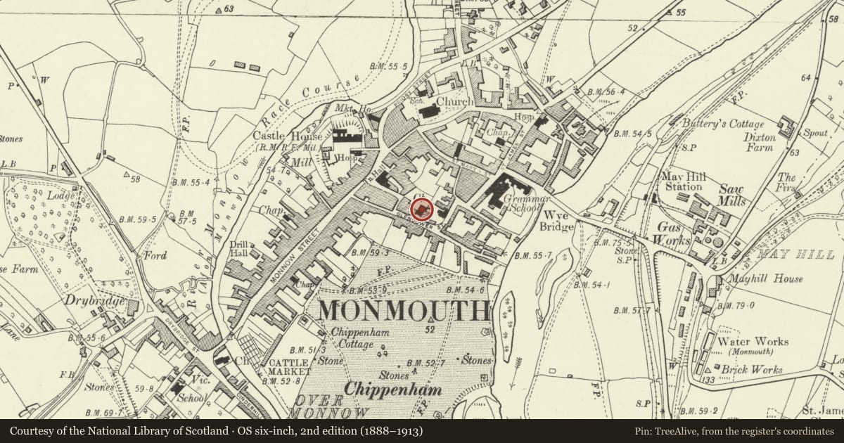 Ordnance Survey six-inch map, 2nd edition (1888–1913) covering the location of Glendower House, Monmouth, Monmouthshire, with a pin at the register's coordinates
