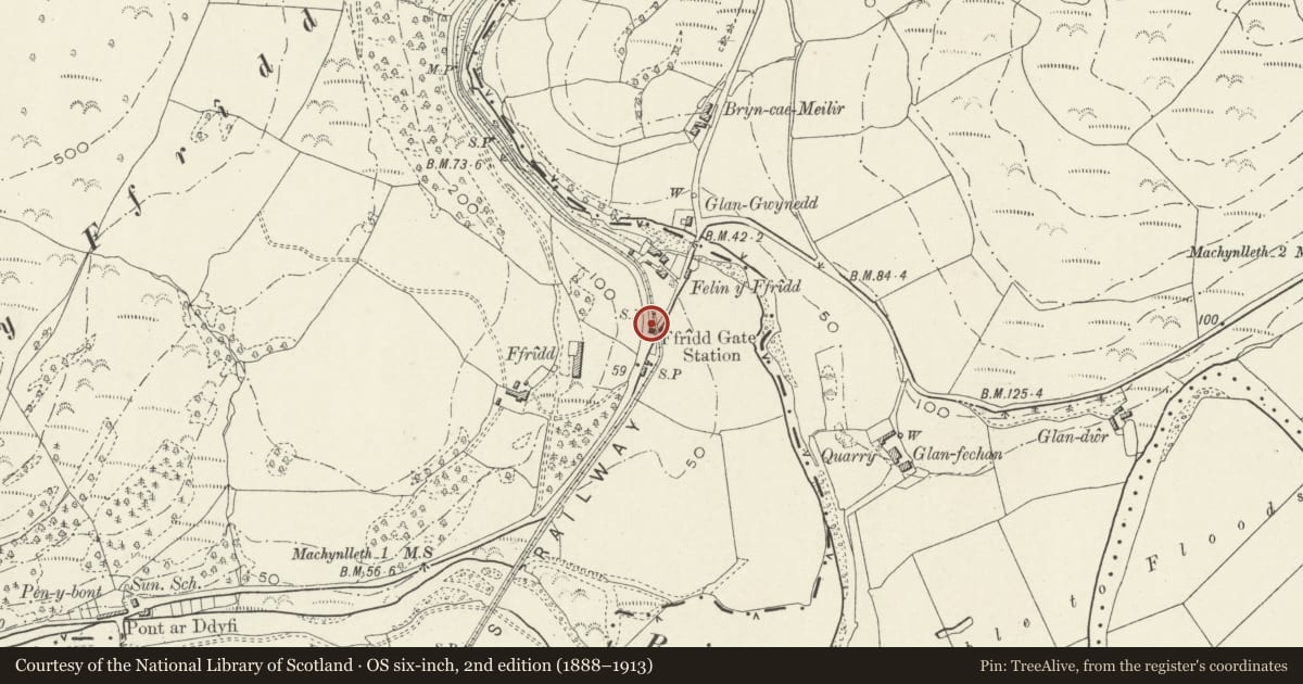 Ordnance Survey six-inch map, 2nd edition (1888–1913) covering the location of Turnpike Cottage, Corris, Gwynedd, with a pin at the register's coordinates