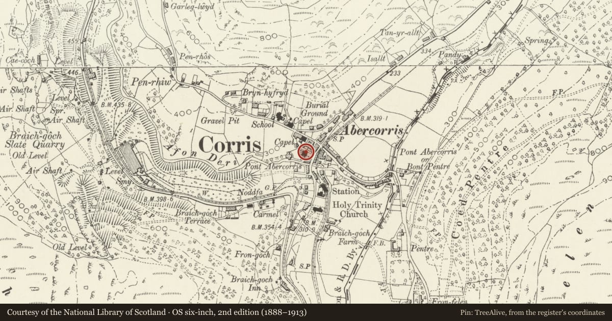 Ordnance Survey six-inch map, 2nd edition (1888–1913) covering the location of Capel Salem including front wall and railings, Corris, Gwynedd, with a pin at the register's coordinates