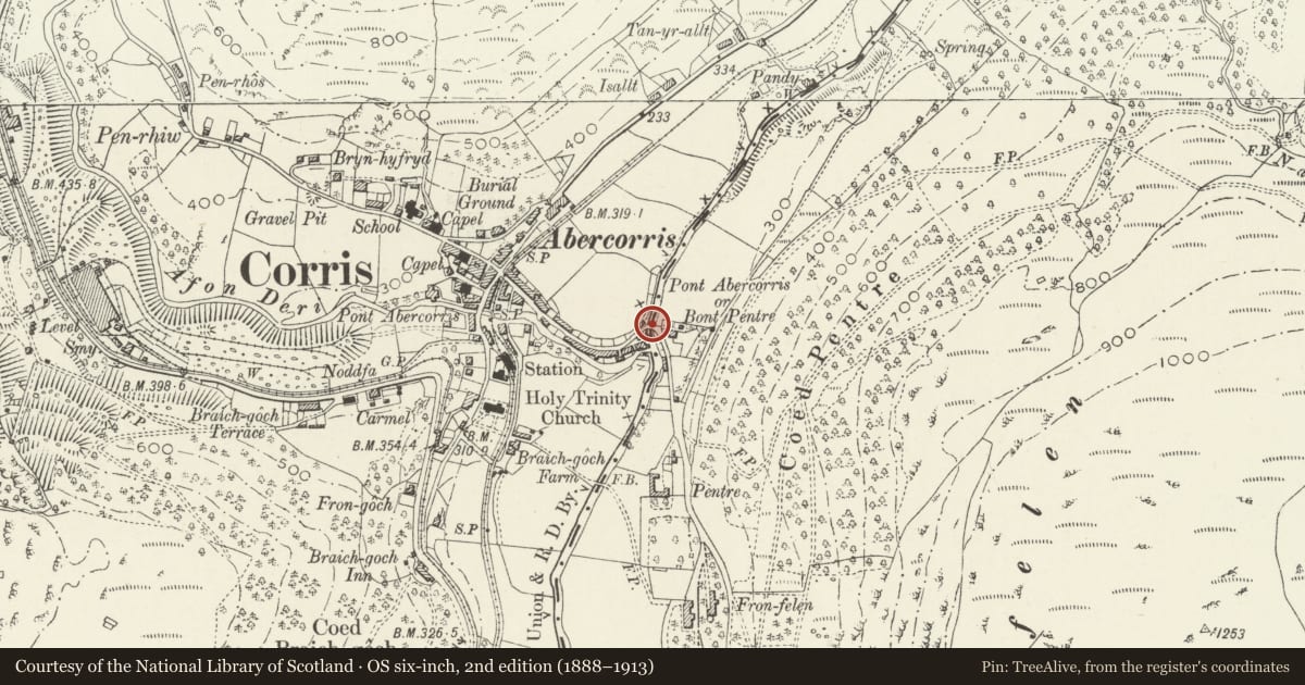 Ordnance Survey six-inch map, 2nd edition (1888–1913) covering the location of Pont Abercorris, also known as Bont Pentre (partly in Glantwymyn Community), Gwynedd, with a pin at the register's coordinates