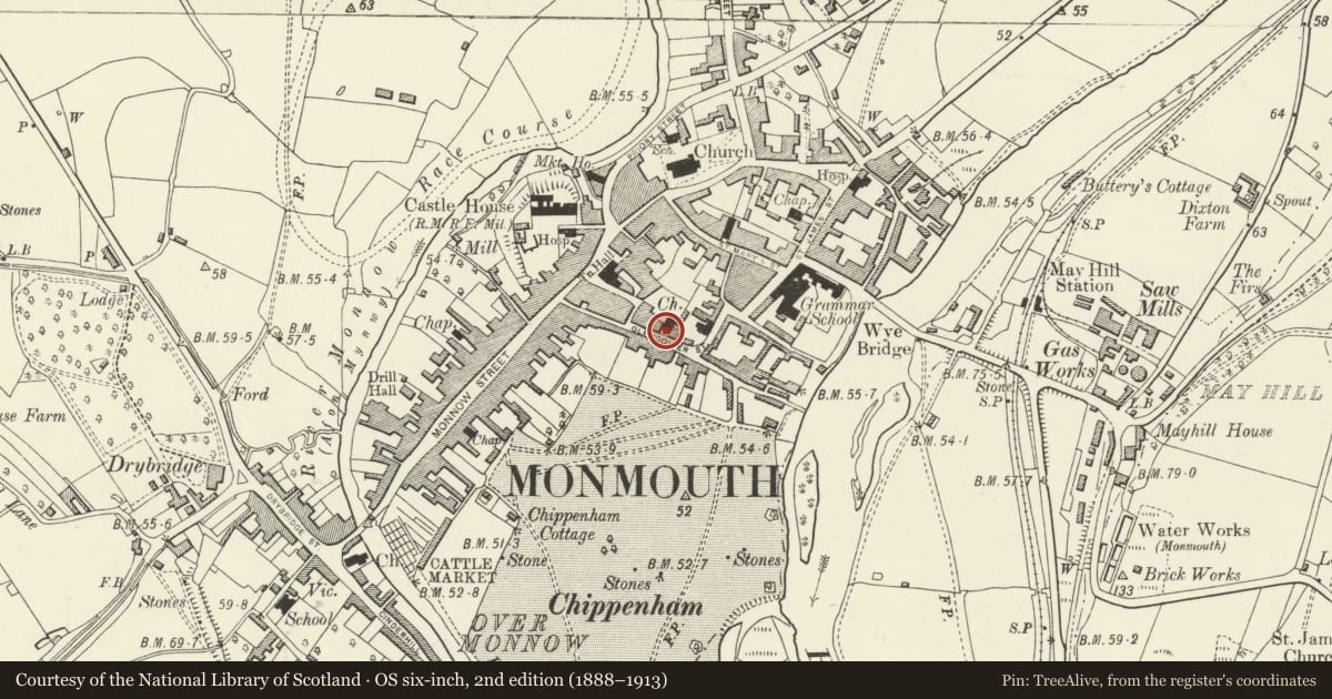 Ordnance Survey six-inch map, 2nd edition (1888–1913) covering the location of Gatepiers, Gates and Railings of Glendower House, Monmouth, Monmouthshire, with a pin at the register's coordinates