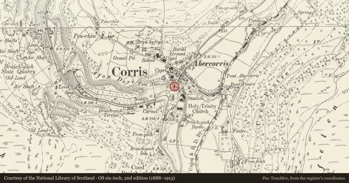 Ordnance Survey six-inch map, 2nd edition (1888–1913) covering the location of Corris Institute, Gwynedd, with a pin at the register's coordinates