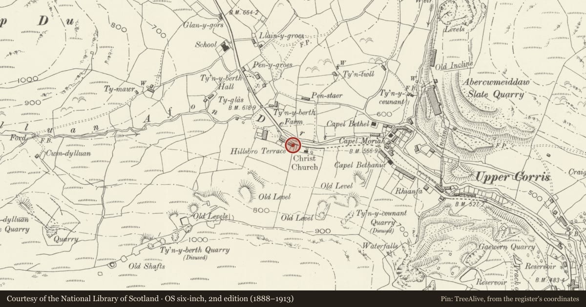 Ordnance Survey six-inch map, 2nd edition (1888–1913) covering the location of Gwyn Hafod, Corris, Gwynedd, with a pin at the register's coordinates