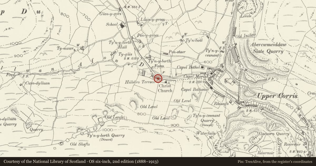 Ordnance Survey six-inch map, 2nd edition (1888–1913) covering the location of Gwynfa Bach, Corris, Gwynedd, with a pin at the register's coordinates