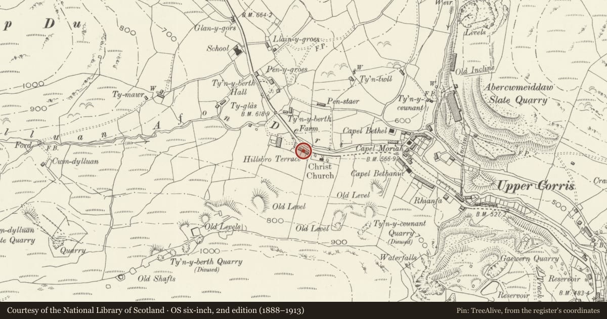Ordnance Survey six-inch map, 2nd edition (1888–1913) covering the location of 4 Hillsborough Terrace, Corris, Gwynedd, with a pin at the register's coordinates