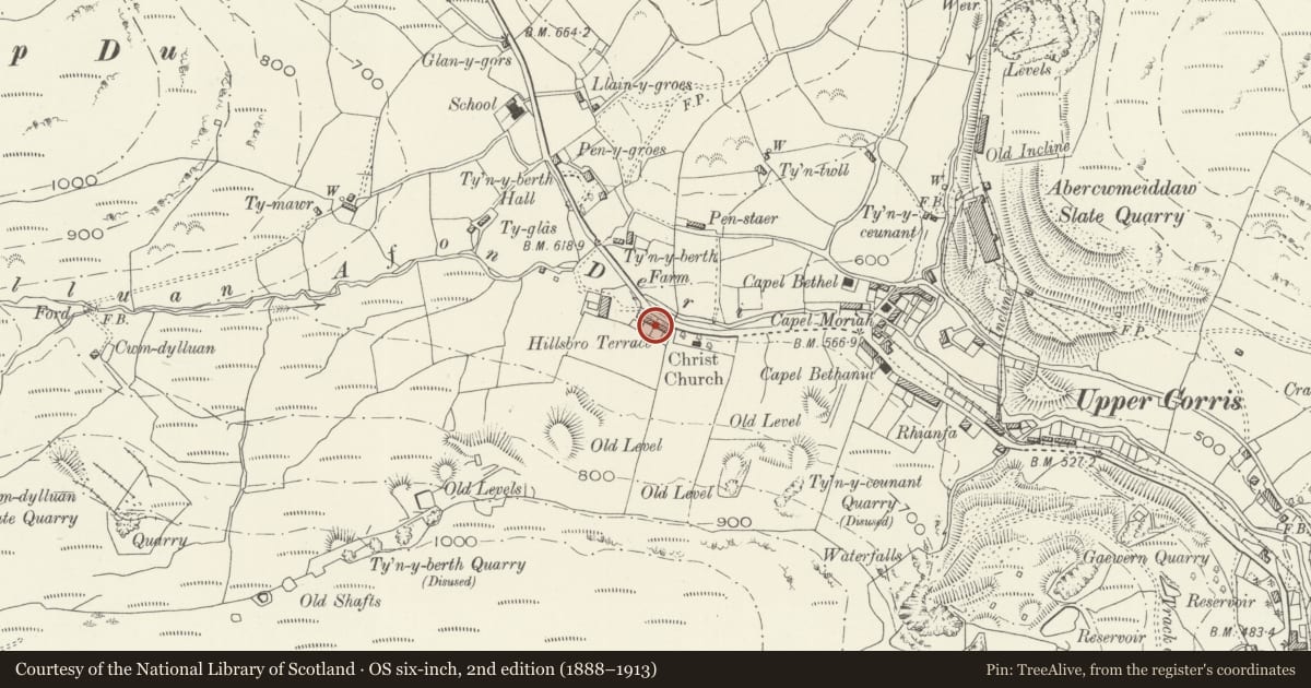 Ordnance Survey six-inch map, 2nd edition (1888–1913) covering the location of 5 Hillsborough Terrace, Corris, Gwynedd, with a pin at the register's coordinates