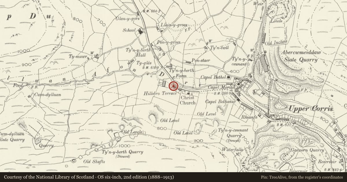 Ordnance Survey six-inch map, 2nd edition (1888–1913) covering the location of Crud-y-gwyn, Corris, Gwynedd, with a pin at the register's coordinates