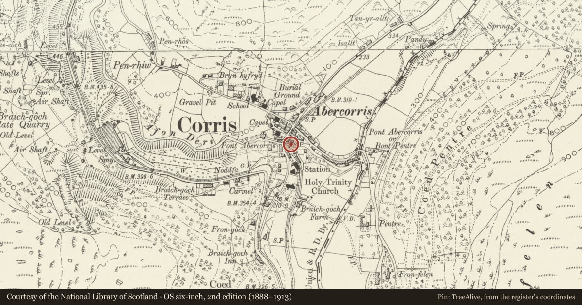 Ordnance Survey six-inch map, 2nd edition (1888–1913) covering the location of Railway Overbridge, Corris, Gwynedd, with a pin at the register's coordinates