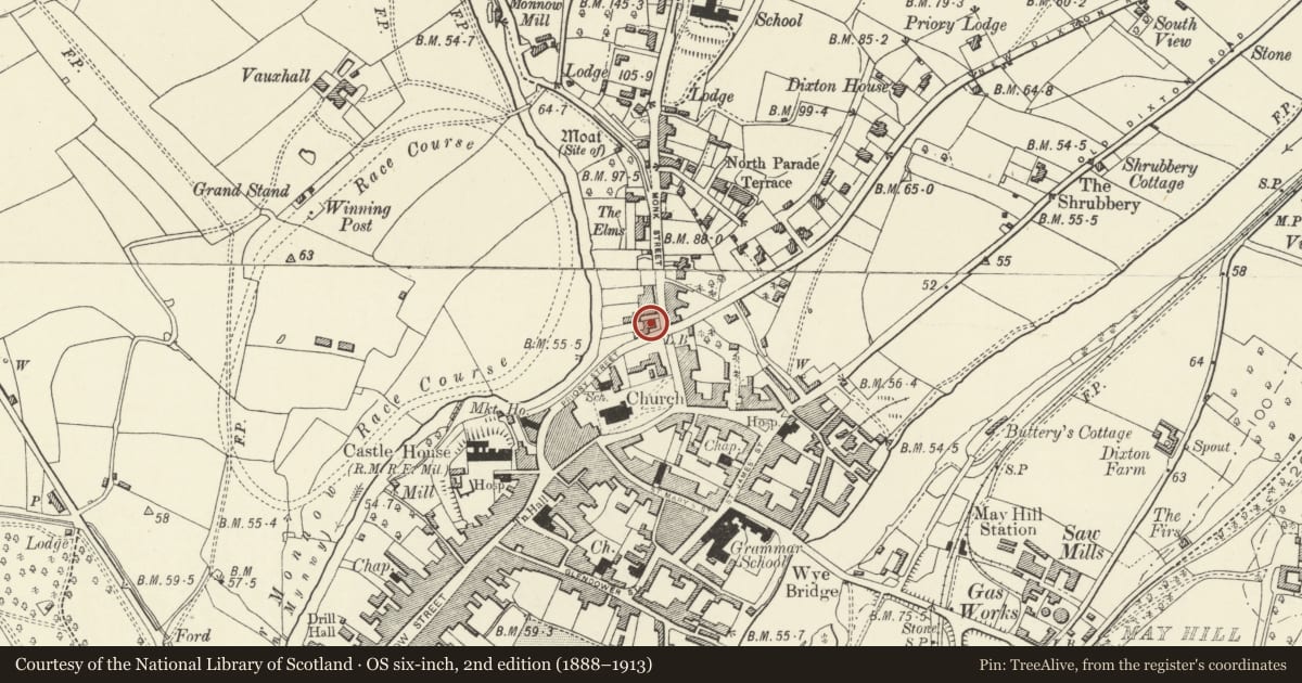 Ordnance Survey six-inch map, 2nd edition (1888–1913) covering the location of Kingsley House, Monmouth, Monmouthshire, with a pin at the register's coordinates