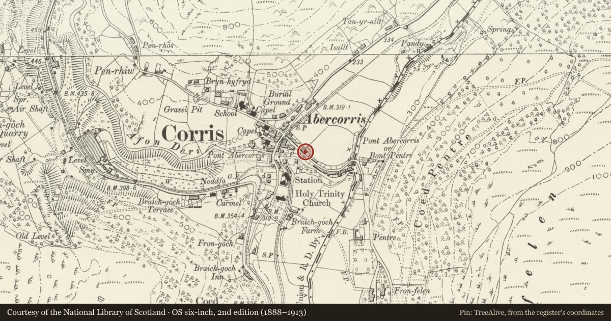 Ordnance Survey six-inch map, 2nd edition (1888–1913) covering the location of Yr Efail, Corris, Gwynedd, with a pin at the register's coordinates