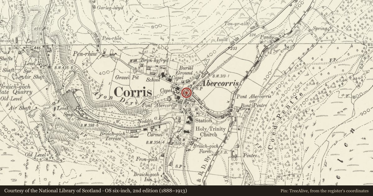 Ordnance Survey six-inch map, 2nd edition (1888–1913) covering the location of The Slater's Arms, Corris, Gwynedd, with a pin at the register's coordinates