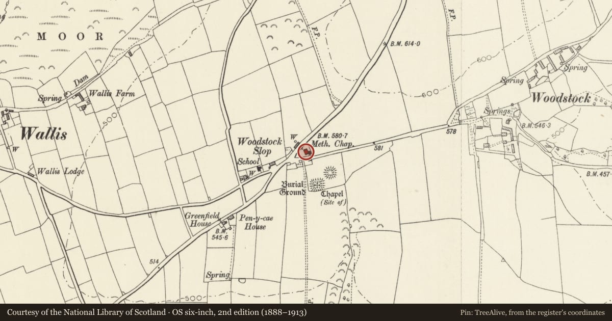Ordnance Survey six-inch map, 2nd edition (1888–1913) covering the location of Woodstock Calvinistic Methodist Chapel, Ambleston, Pembrokeshire, with a pin at the register's coordinates