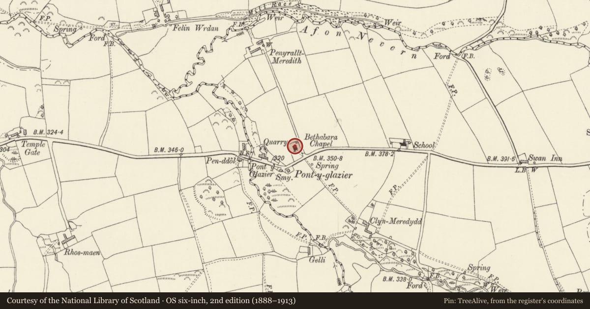 Ordnance Survey six-inch map, 2nd edition (1888–1913) covering the location of Bethabara Baptist Chapel, Crymych, Pembrokeshire, with a pin at the register's coordinates