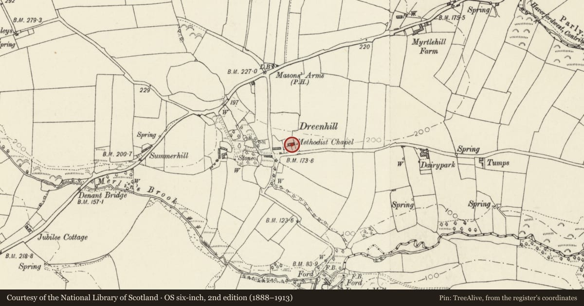 Ordnance Survey six-inch map, 2nd edition (1888–1913) covering the location of Dreenhill Chapel, Tiers Cross, Pembrokeshire, with a pin at the register's coordinates