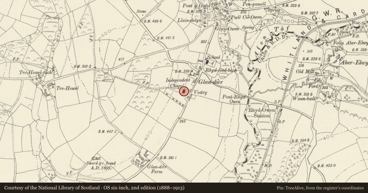 Ordnance Survey six-inch map, 2nd edition (1888–1913) covering the location of Glandwr Chapel, Crymych, Pembrokeshire, with a pin at the register's coordinates