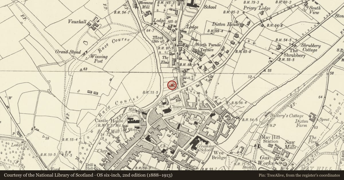 Ordnance Survey six-inch map, 2nd edition (1888–1913) covering the location of The Masonic Temple, including Tyler's Residence, Monmouth, Monmouthshire, with a pin at the register's coordinates