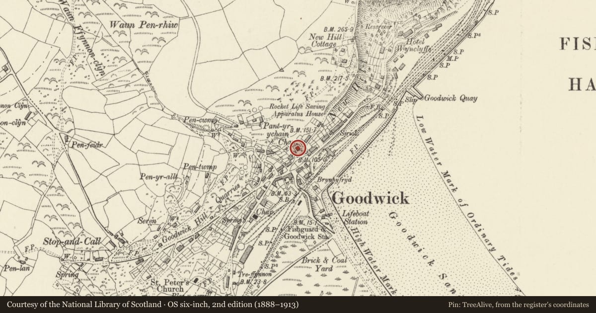 Ordnance Survey six-inch map, 2nd edition (1888–1913) covering the location of Berachah Presbyterian Church, Fishguard and Goodwick, Pembrokeshire, with a pin at the register's coordinates