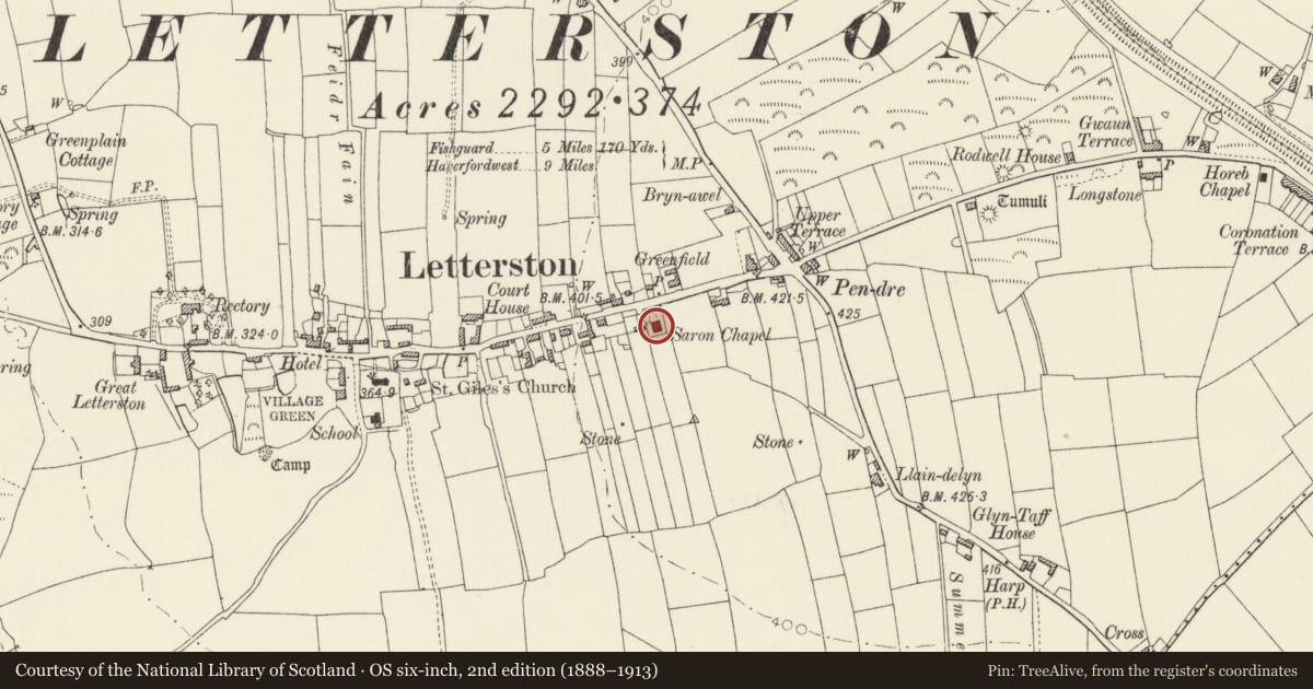 Ordnance Survey six-inch map, 2nd edition (1888–1913) covering the location of Saron Baptist Chapel, Letterston, Pembrokeshire, with a pin at the register's coordinates
